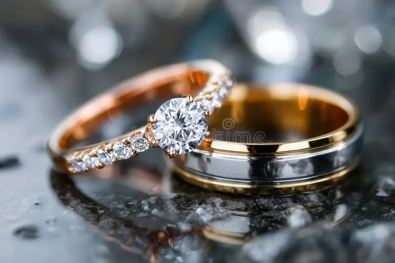 Elegantes Anillos De Boda De Oro Y Plata Con Diamantes